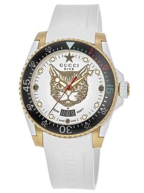 Gucci Dive YA136322 40mm Feline head Gold Stainless Steel White Strap Rubber